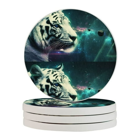 

Circular Drink Coasters Set White Tiger Beautiful Home Decor Diatomite Heat-Resistant Diatomite Protect Table Countertop