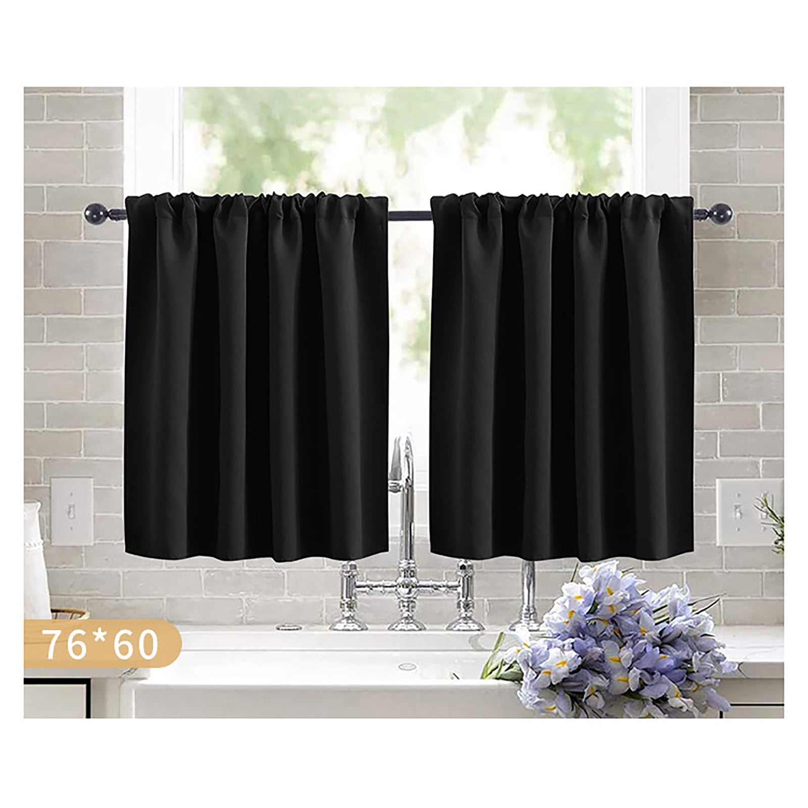 Short Blackout Curtains for Kitchen, Thermal Insulated Out Curtain for Bedroom, Rod Pocket Drapes for Bathroom Small Window, Black