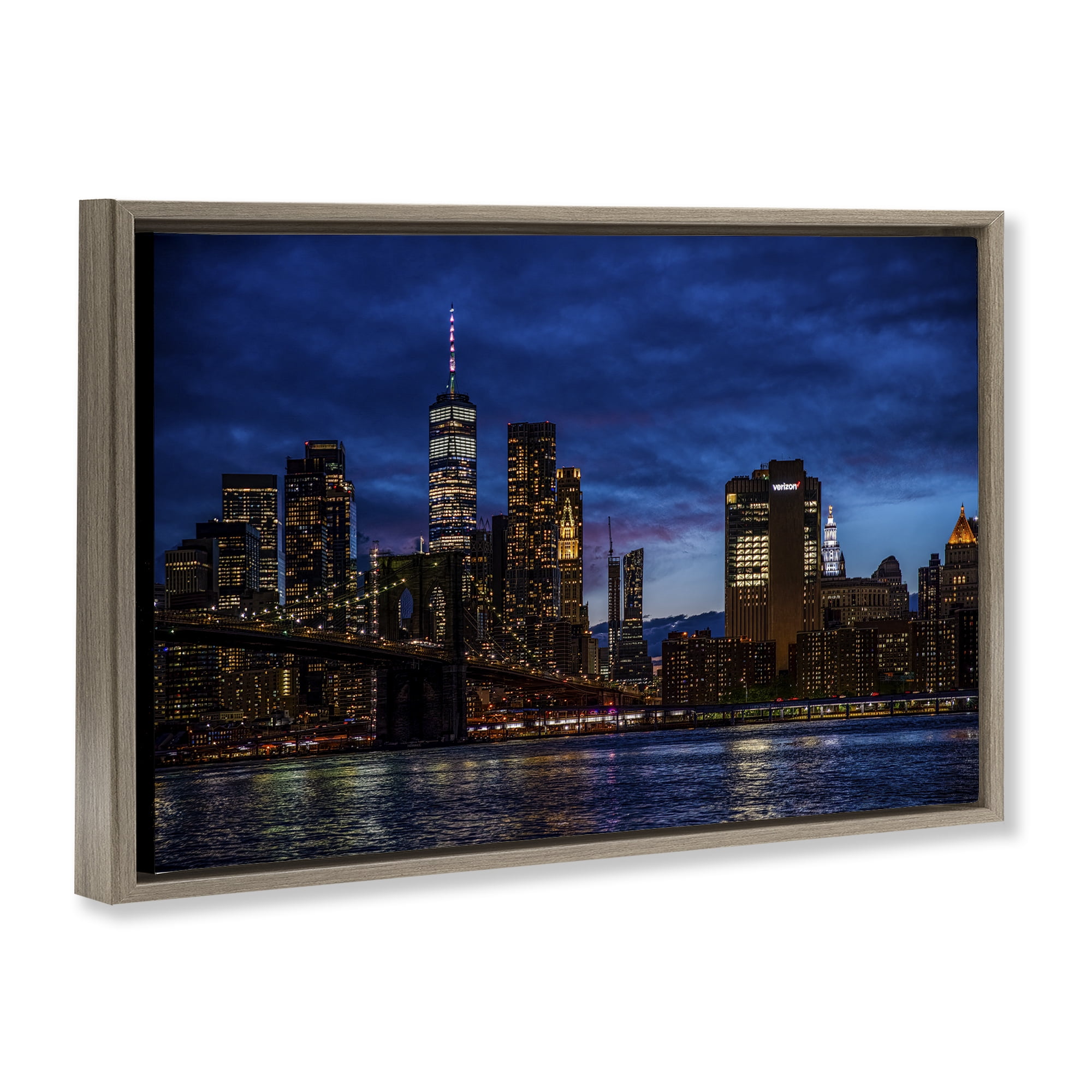 Stupell Industries Brooklyn Bridge at Night Brown Framed Floater Canvas Wall Art, design by Tim West