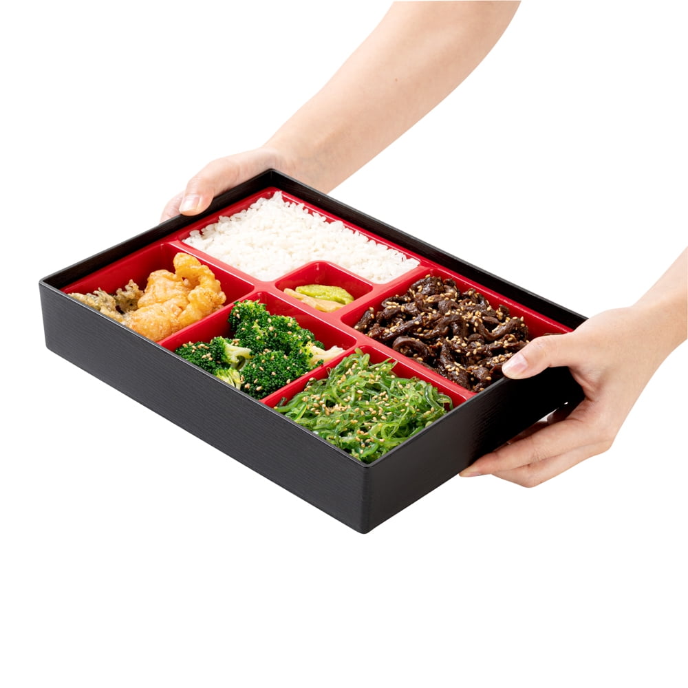Bento Tek Square Black and Red Japanese Style Bento Box - 4 Compartments, 3 Layers - 8 1/4 inch x 8 1/4 inch x 6 inch - 1 Count Box