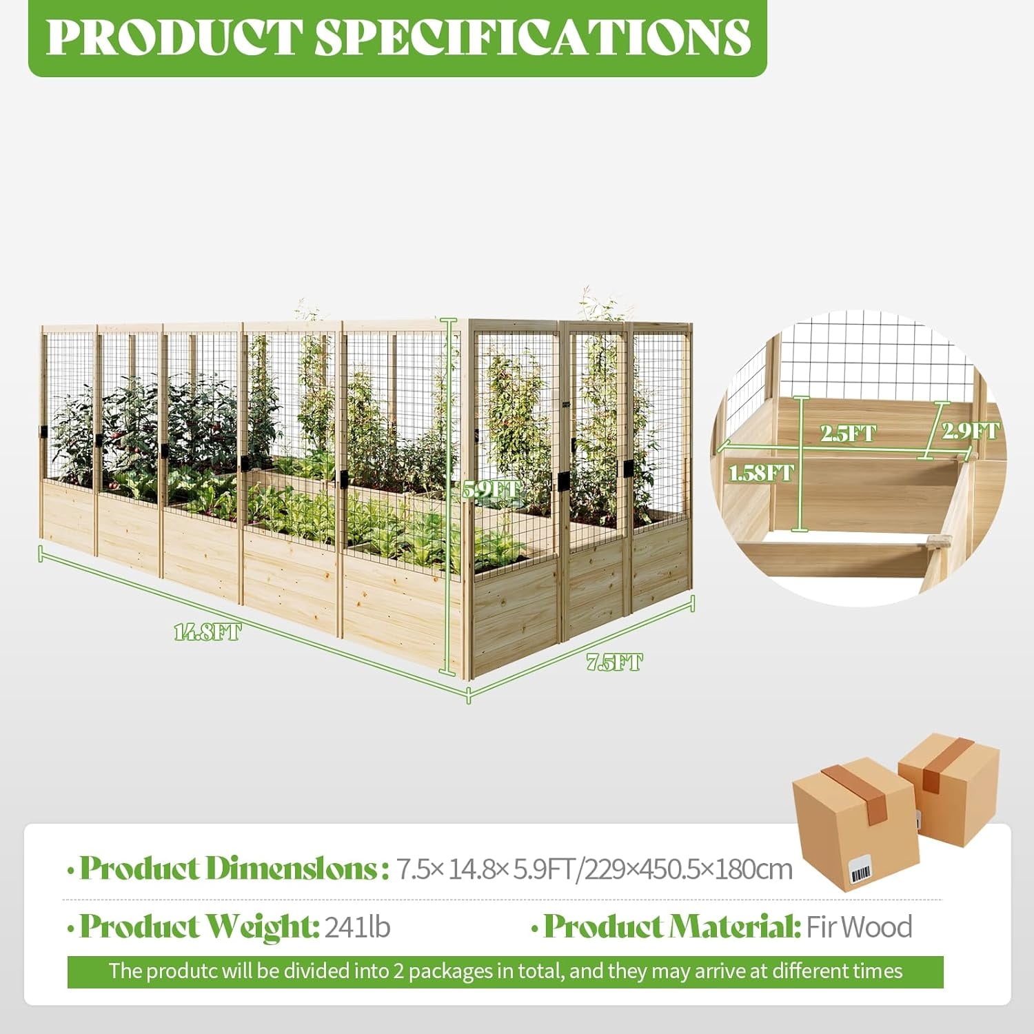 Jocisland Wooden Raised Garden Bed for Outdoor, Deep Large Planter Box with Netting for Gardening, Vegetables, Herbs（8× 15× 6FT）