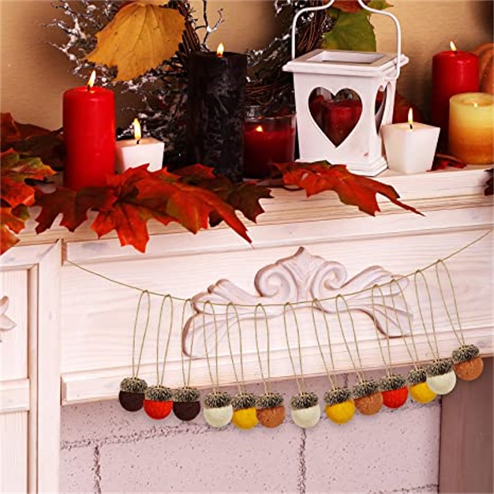 Kepooman 25 Pieces Felt Acorn Ornaments Wool Felted Acorn Garland Felt Balls Rustic with 32.8 Feet Rope for Fall Holiday Tree Mantel Wall Home Vintage Decoration, Multicolor