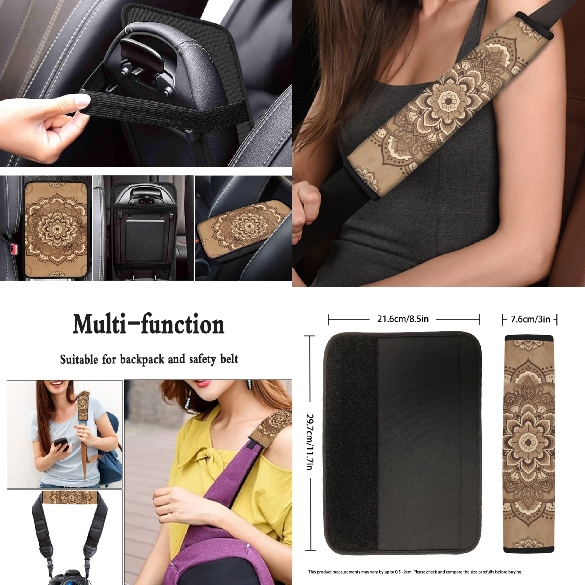 Jeiento 13 PCS Car Seat Cover Full Set, with Steering Wheel Cover Seat Belt Strap Cover Armrest Cushion Cup Coaster Keychain Lipstick Holder Auto Decor, Vintage Boho Mandala Print