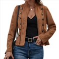 thumbnail image 2 of Chaqueta de Gamuza Sintética para Mujer, Informal, de Otoño, de Larga, Cuello Alto, con Abertura Frontal, Blazer Corto, Abrigo. Marrón Oscuro XL, 2 of 9