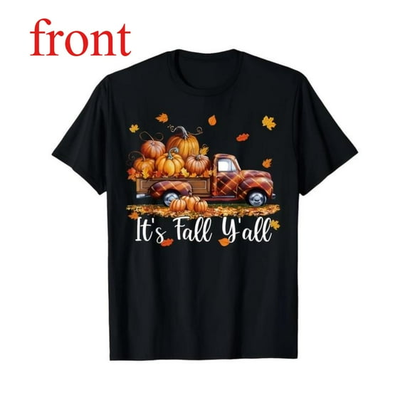Unisex Black T-Shirt Graphic Tees "It's Fall Y'all" Plaid Truck & Pumpkin Autumn Design Shirts S-5XL Casual Daily Tops