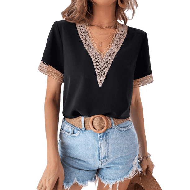 Blusas de Verano de Corta para Mujer, con Encaje y Cuello en V, Elegantes e Informales, Color Negro, Talla S