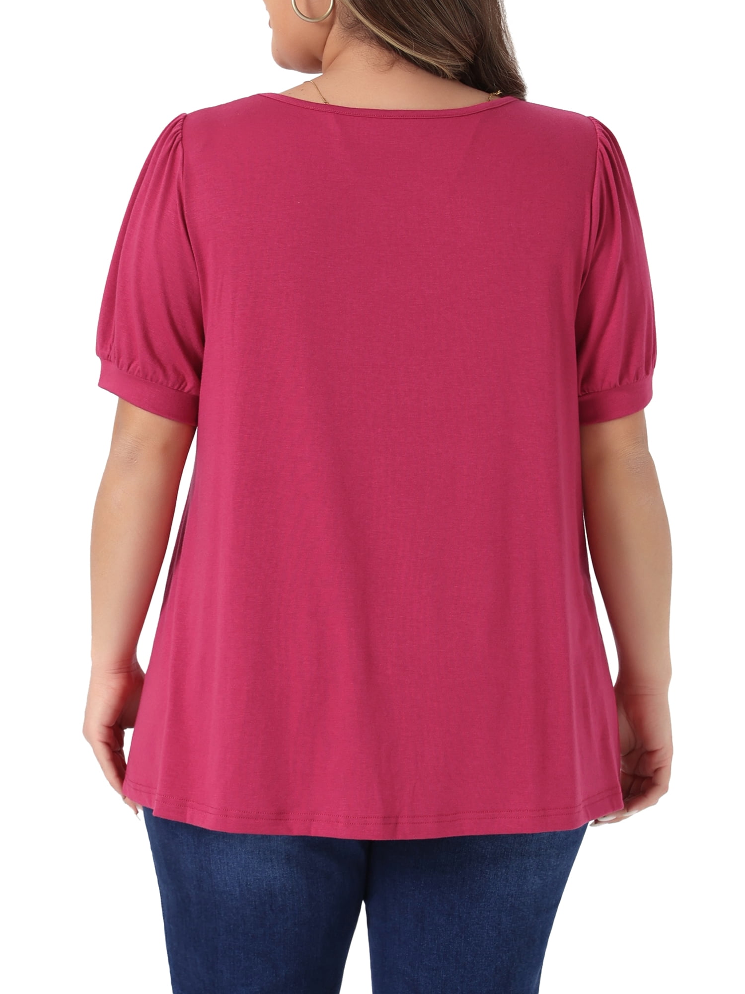 DARING DIVA Women's Plus Neck Puff Sleeve Casual Blouse Tee Shirt 2X Rose Red