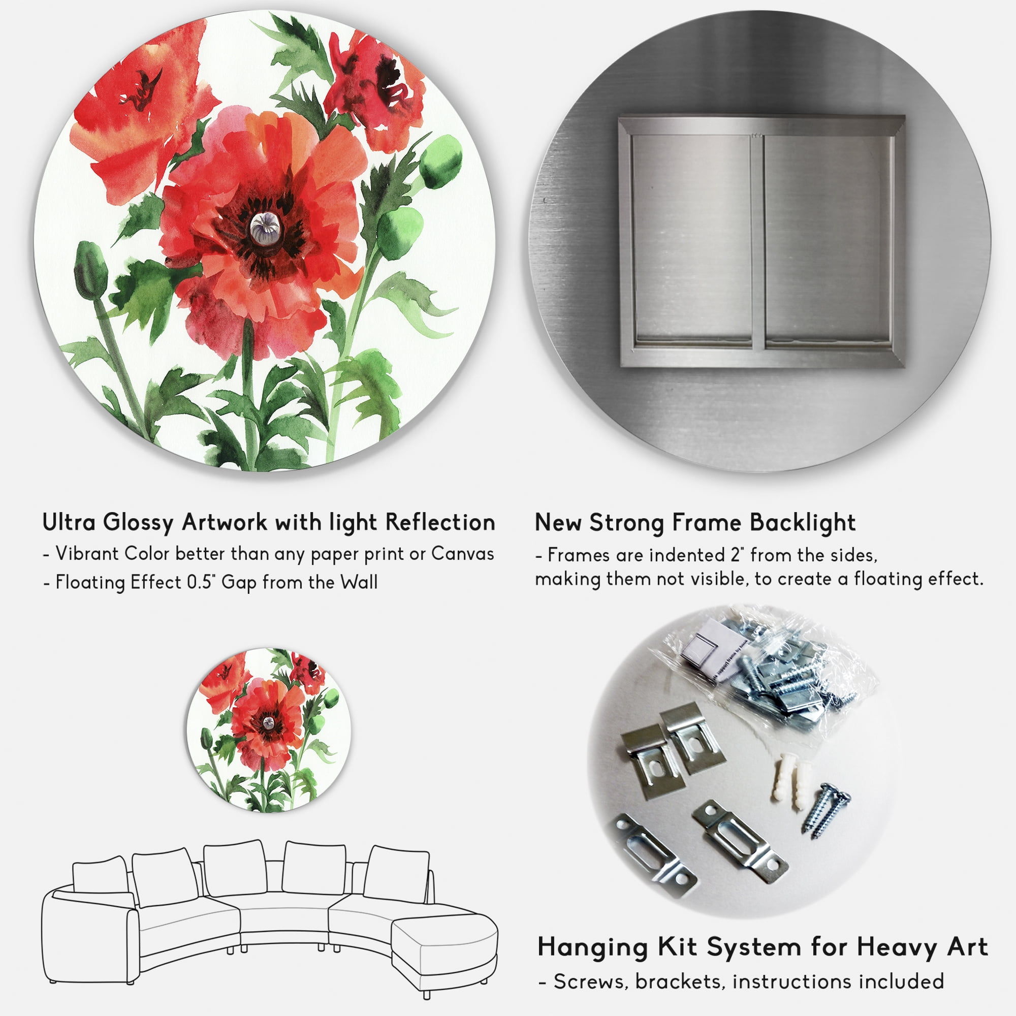 Designart 'Ancient Red Poppies II' Traditional Circle Metal Wall Art 29x29 - Disc of 29