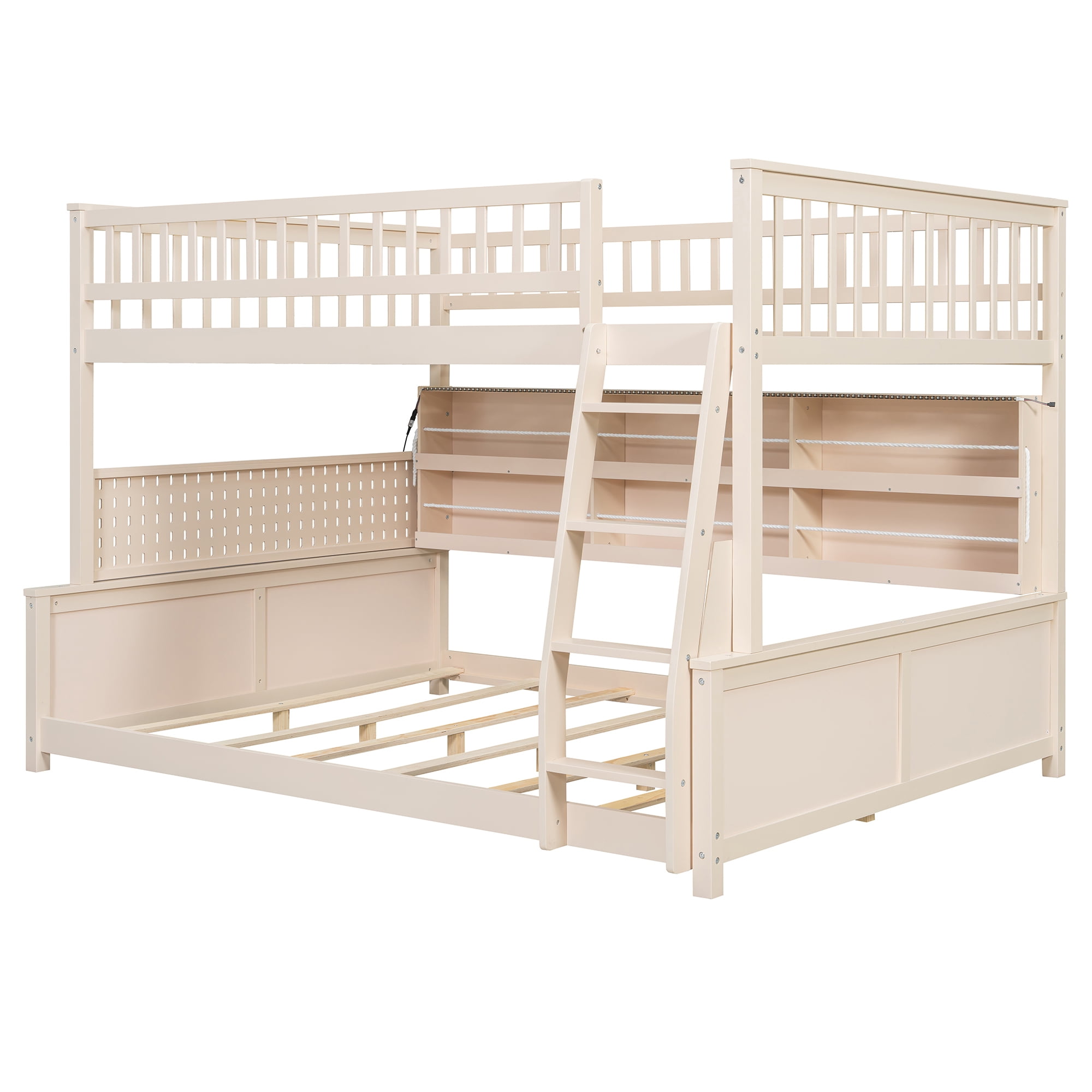 Full XL Over Queen Bunk Bed, Wood Bunk Bed with Integrated Shelving, Color-Changing Lights and Pegboard for Kids Teens Adults, Space Saving Design