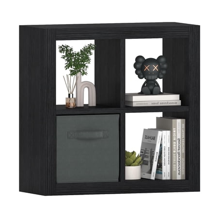Bookshelf with Storage Bin 4-Cube Storage Organizer Modern Wood Open Bookcase Multifunctional Display Shelf for Living Room Bedroom Home Office Black