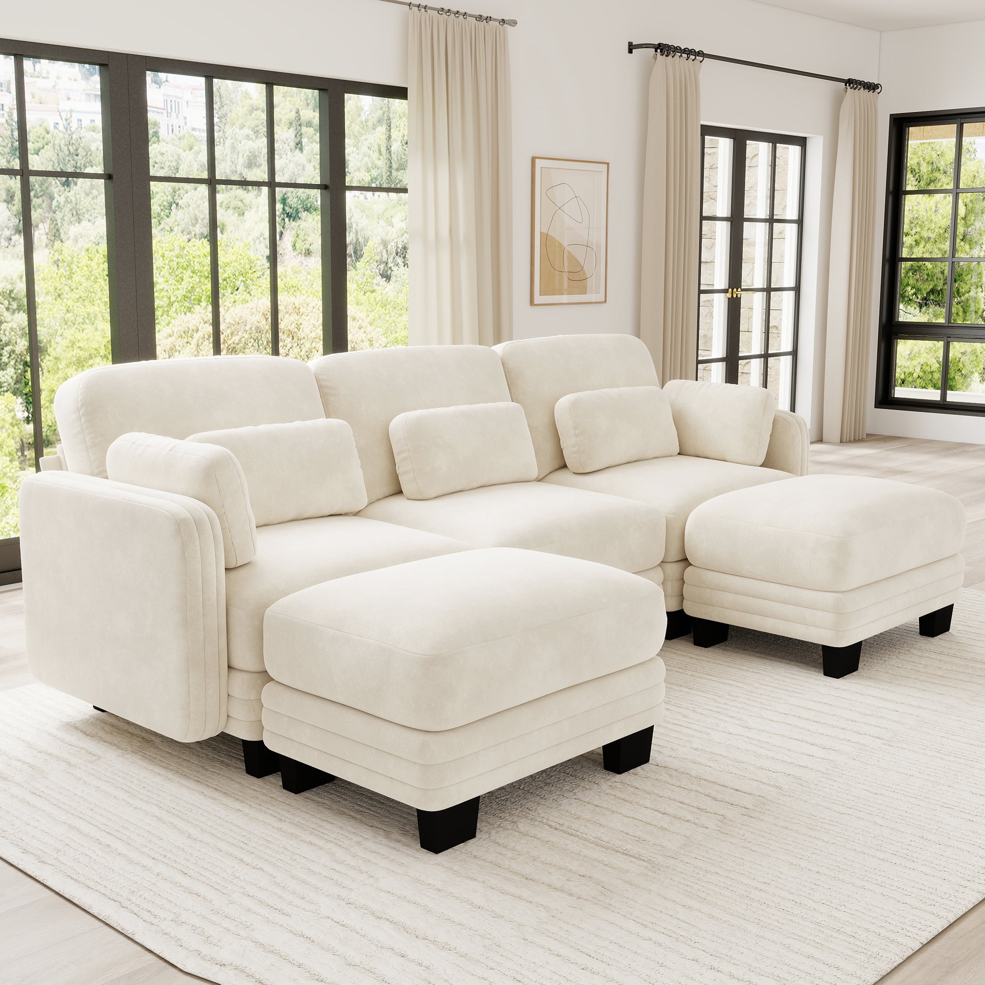 100" U-shaped Tufted Modern Modular Sectional 3 Seater Sofa Couch with 2 Ottomans and 5 Pillows