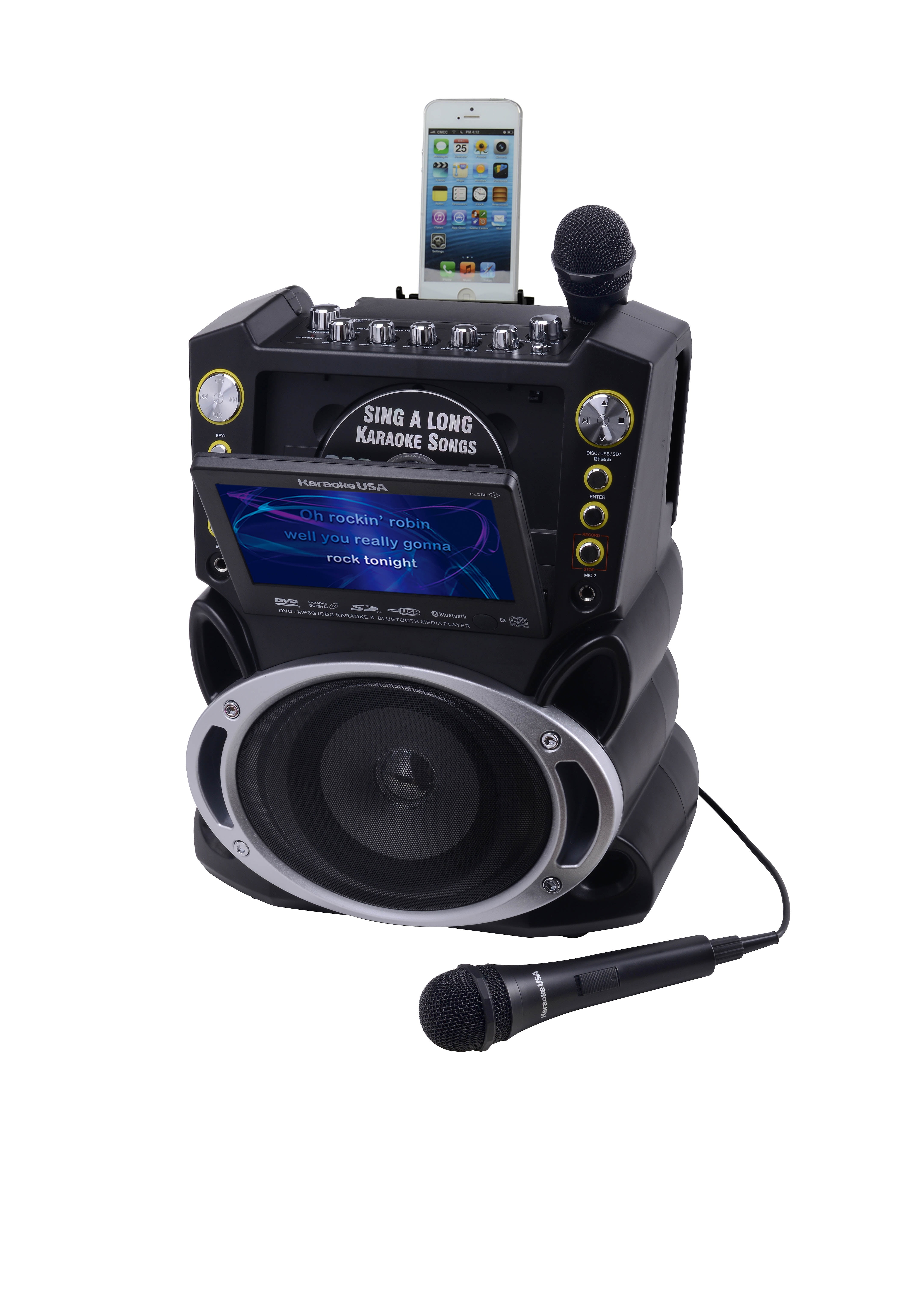 Karaoke USA GF840 Complete Bluetooth Karaoke System - 35 Watt Power Output includes 2 Microphones, Remote Control, 7” Color Screen, Record Function. Plays DVD/CDG/MP3G / USB /SD