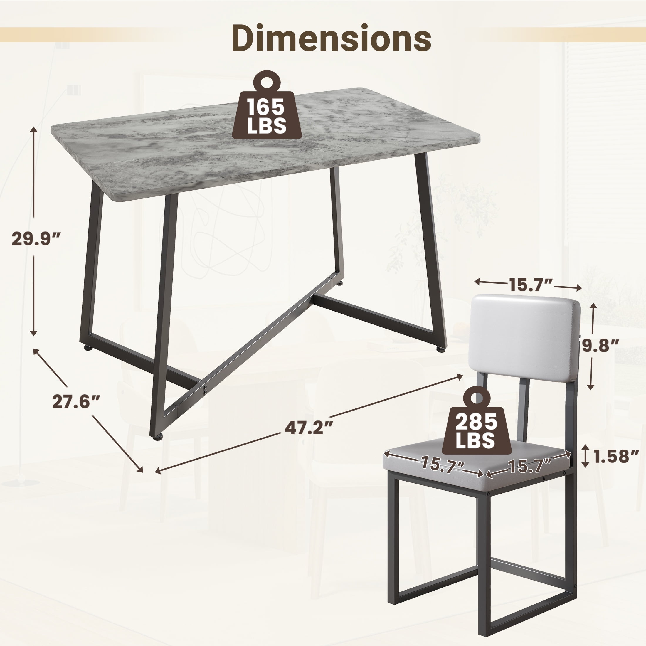 PAPROOS Dining Table Set for 4, 5 Piece Dining Room Table Set with Faux Marble Top and Leather Upholstery Chairs, Modern Dinette Sets for Breakfast Nook, Kitchen Table and Chairs Set, Gray