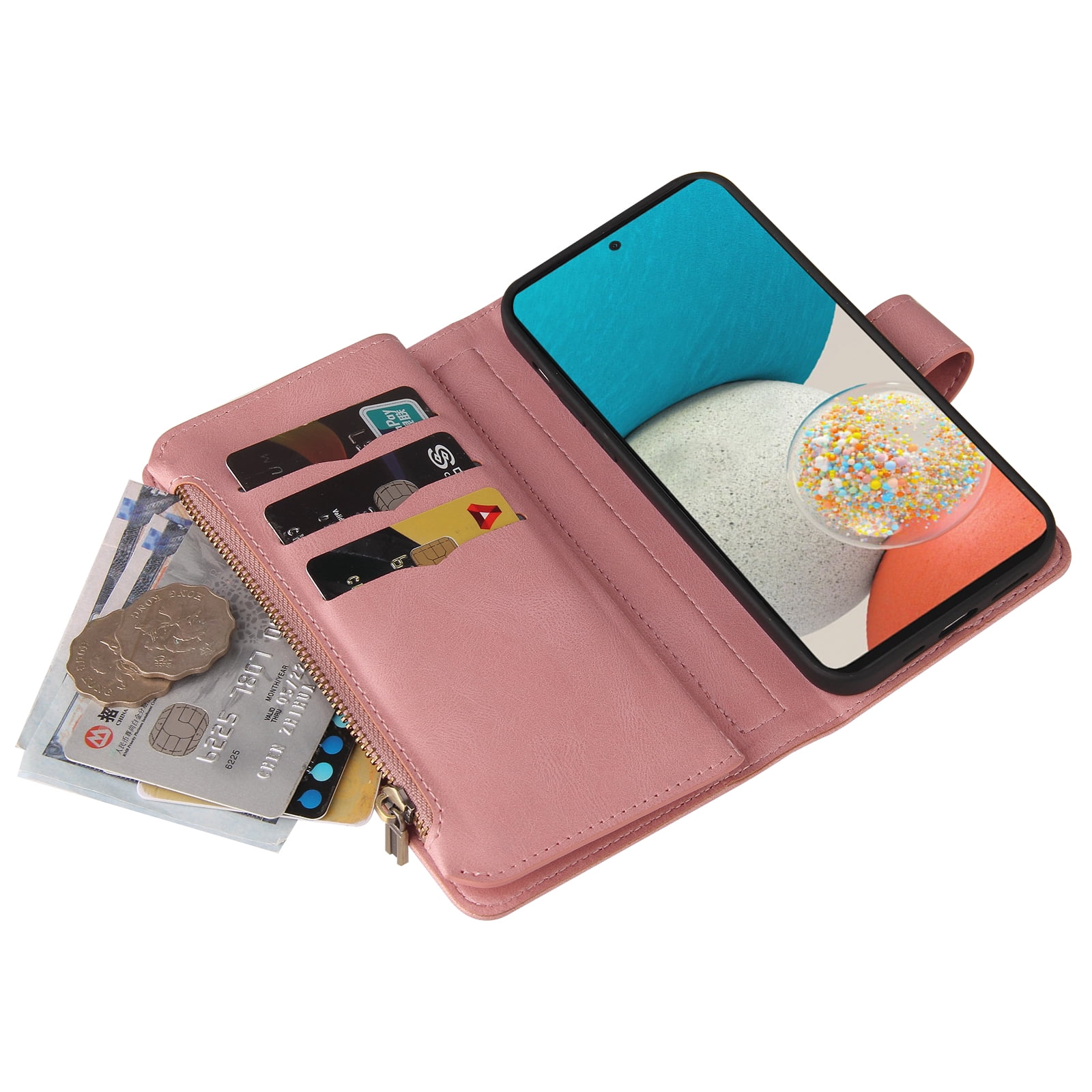 Phone Case for Samsung Galaxy A53 5G, Galaxy A53 5G Wallet Case, Luxury Folio Flip Leather Cover [Zipper Pocket] [Wrist Strap] [Kickstand] for Samsung Galaxy A53 5G 6.5 inch,Pink