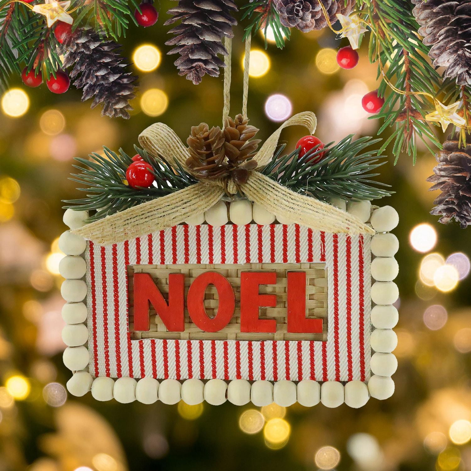Holiday Time Wooden Beads NOEL Frame Ornament
