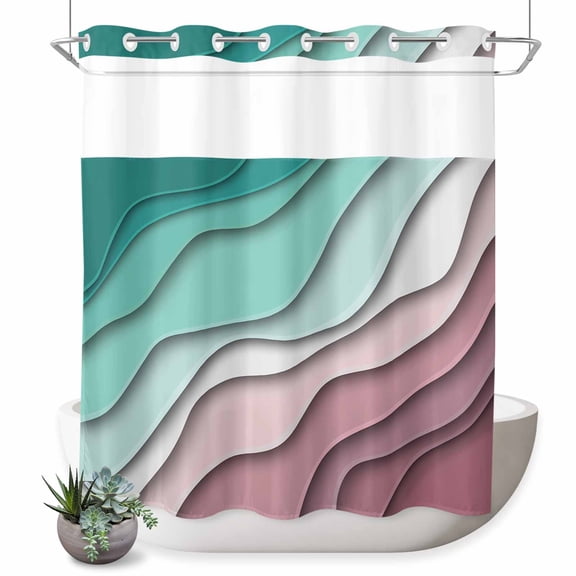 No Hook Shower Curtain with Built-in Rings - Aqua Green Purple Beach Coastal Washable Waterproof Fabric Bathroom Curtains for Hotel,Rentals, 72 X 72 Inch Long , Abstract Geometric Ocean Waves