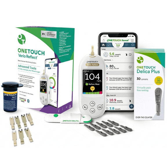 OneTouch Verio Test Kit - Includes Verio Reflect Blood Glucose Meter, 30 Lancets, Lancing Device, & 30 Test Strips - Diabetes Care Supplies