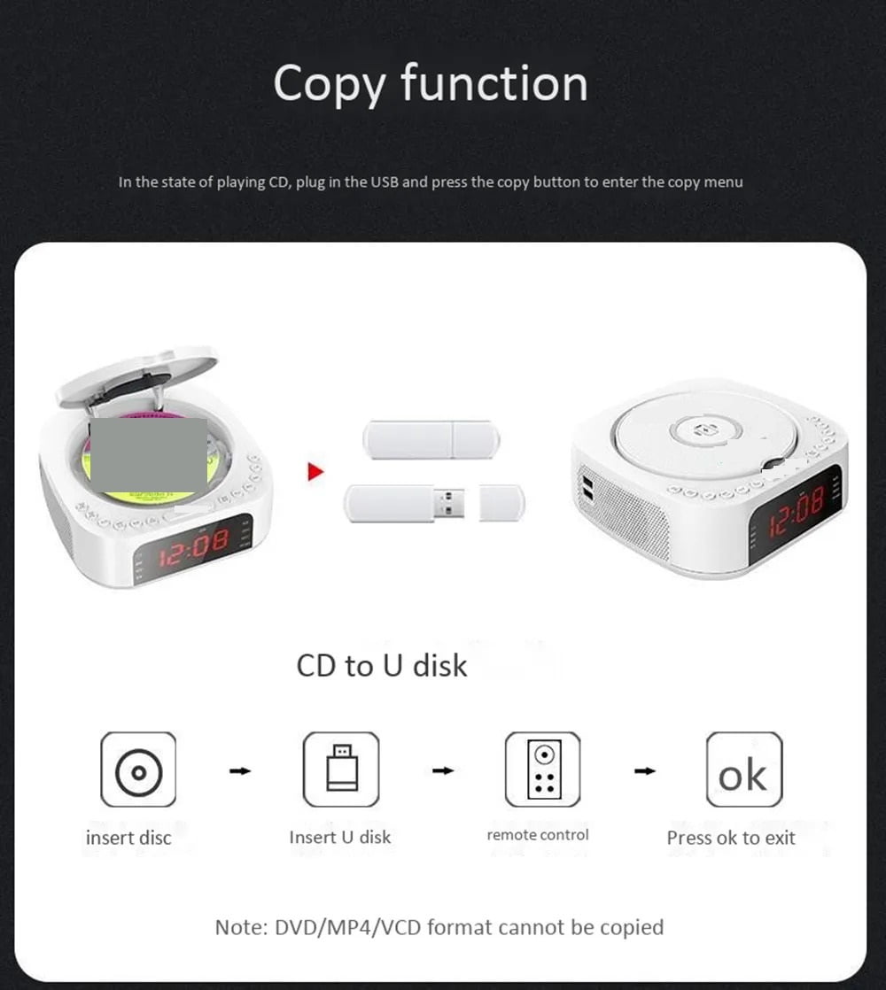 DVD Player CD VCD Machine USB MP3 Player Bluetooth Speaker FM Radio Mobile Phone Wireless Charger ,Easy to Operate