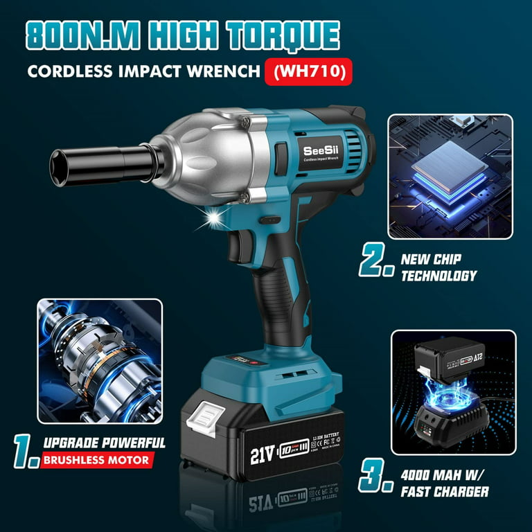 Seesii Brushless Cordless Impact Wrench 800N.m, Power Impact Wrench 1/2''  w/ 2x 21V Batteries,Charger & 6 Sockets,3300RPM High Torque Impact Gun,WH710