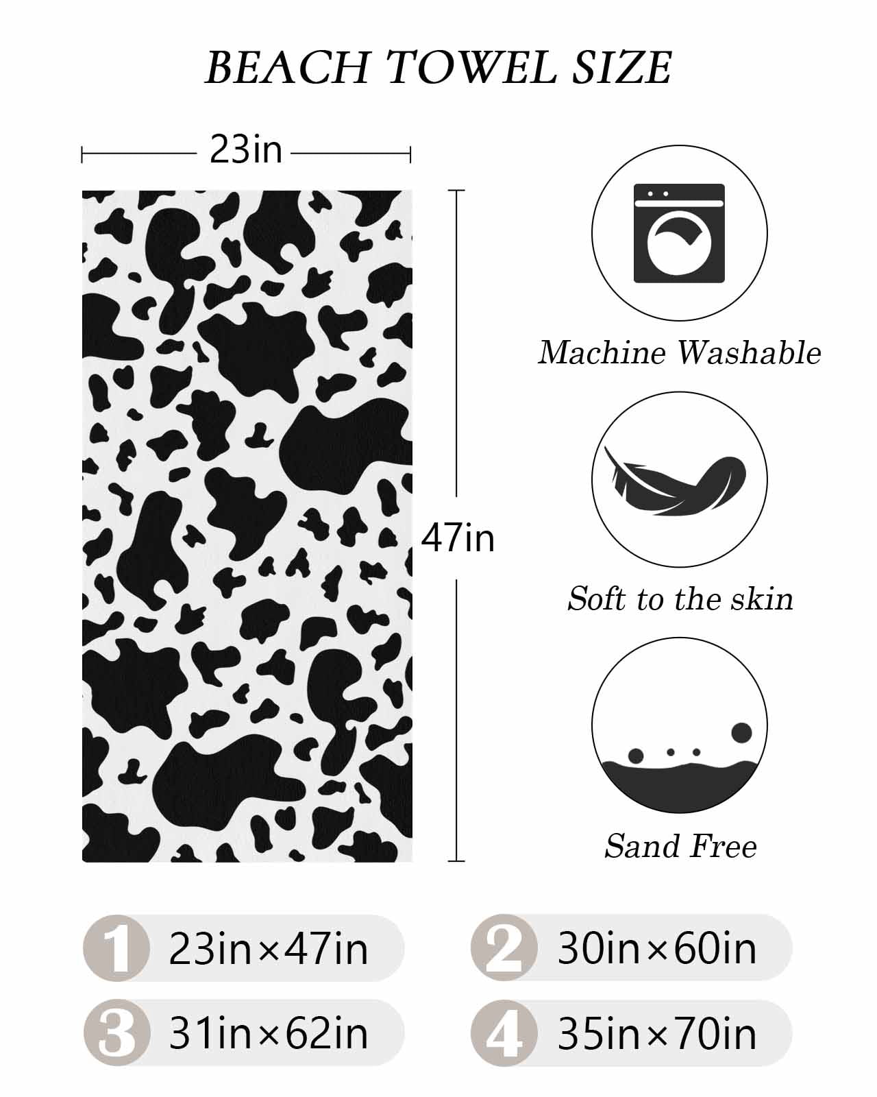 Cow Print Beach Towels Oversized Super Absorbent, Modern Black White Farm Animal Patterned Lightweight Bath Towel Quick Dry Sets For Bathroom/Pool/Rv Camping/Beach Play/Gym Room/Picnic 30"x60"