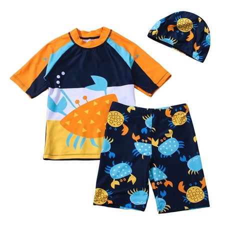 HUCOAE Toddler Swimsuit Boys Bathing Suit Set Kids Short Sleeve Sunsuit Swimwear Boys Two Piece Rash-Guard-Sets Crab Pattern Orange 5-6 Years