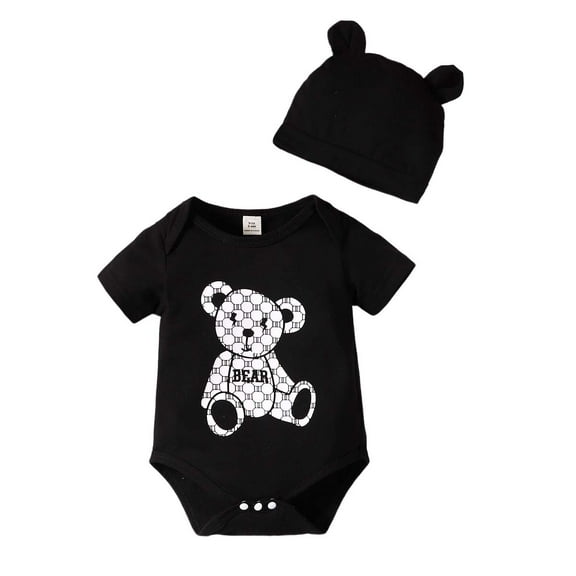 Kucnuzki Newborn Baby Boy Clothes 1 Months Summer Jumpsuit Bodysuit 3 Months Short Sleeve Monogrammer Bear Print Triangle Romper Bodysuit Hat 2PCS Set Black