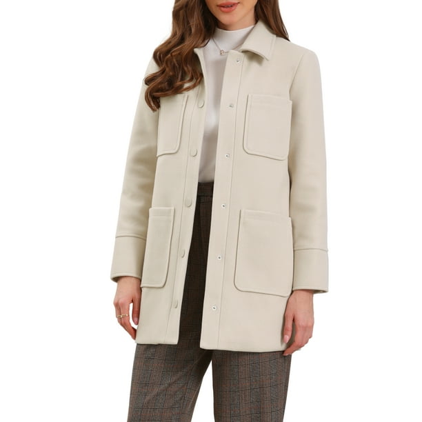 Abrigo corto de trabajo INSPIRE CHIC para mujer con cuello de pico, de un solo botón, de manga larga, abrigo de invierno con bolsillos L beige