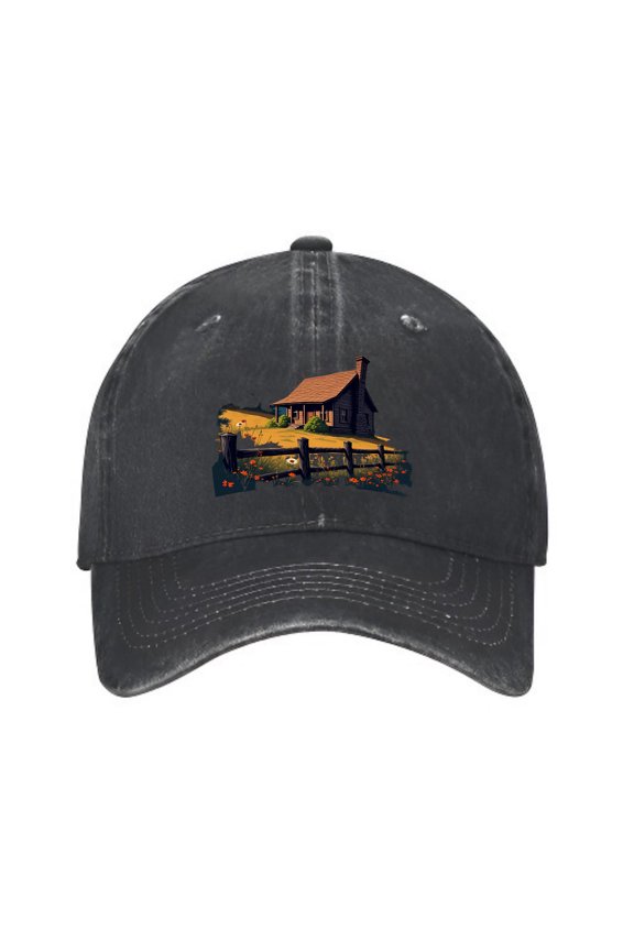 Vintage Cotton Washed Distressed Baseball Cap - Rustic House & Pumpkin Patch Design Autumn Colors Curved Brim Golf Dad Hat for Men & Women