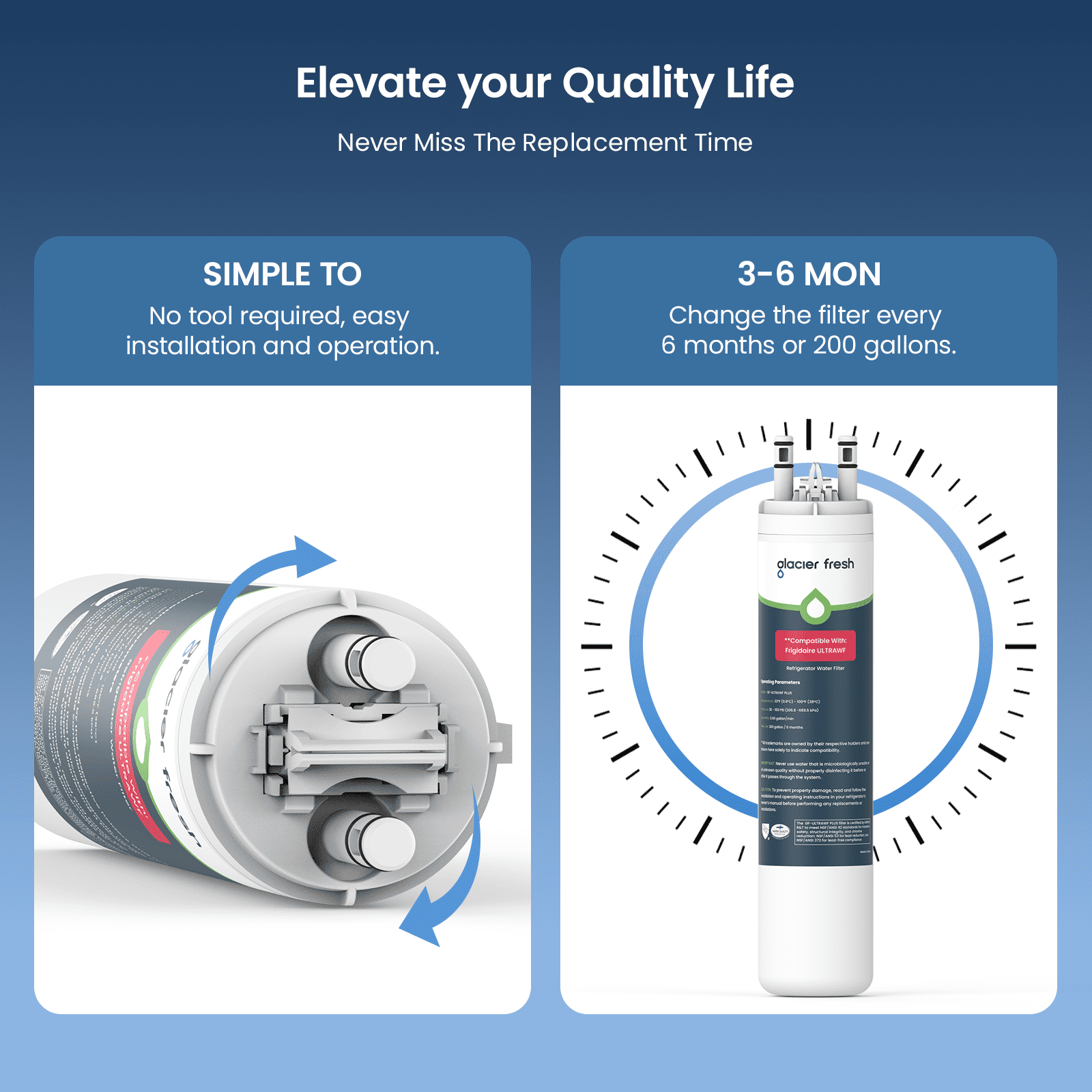 GLACIER FRESH ULTRAWF Refrigerator Water Filter, NSF/ANSI 53 & 372 Certified, Compatible with Frigidaire Pure Source Ultra, Kenmore 9999, 469999, 46-9999, A0094E28261, 4 Pack
