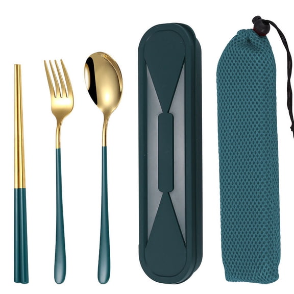 Muka 3 pcs Portable Cutlery Set including Fork, Spoon and Chopsticks with Case for Travel / Work / Camp, Green