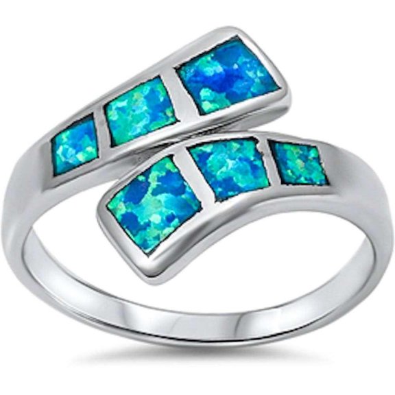 Simulated Blue Opal Square Mew Design Ring Sterling Silver Size 5
