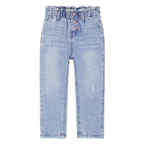 KIDSCOOL SPACE Baby Girls Jeans,3 Buttons Decoration Elastic Waist with D-ring Denim Pants,Light Blue,3-4 Years