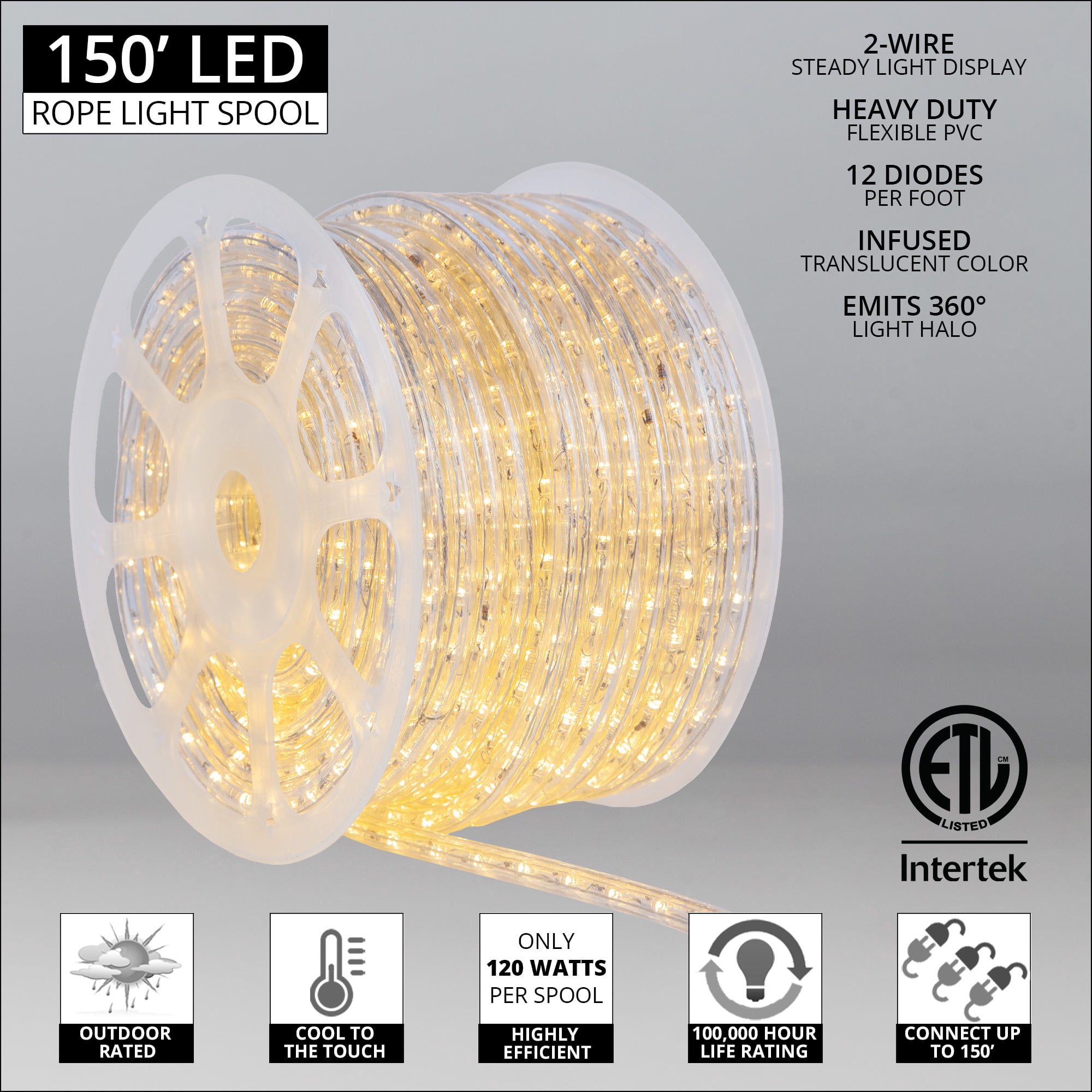 150 ft. Warm White LED Rope Light Spool Indoor-Outdoor Bulk Tube Light, 120V, 1/2 Inch, 2-Wire