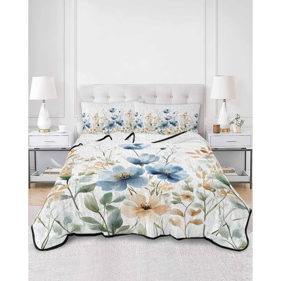 Quilts Twin XL Size, Blue Spring Floral Soft Comforter Bedding Set for Bed, Watercolor Blooming Summer Botanical Lightweight Quilted Bedspread with Pillow Cover(2 Pieces) for All Season, 68x98 Inch