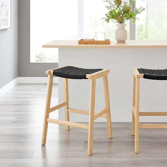 Modway Saoirse 26" Fabric & Wood Counter Stool in Black and Natural (Set of 2)