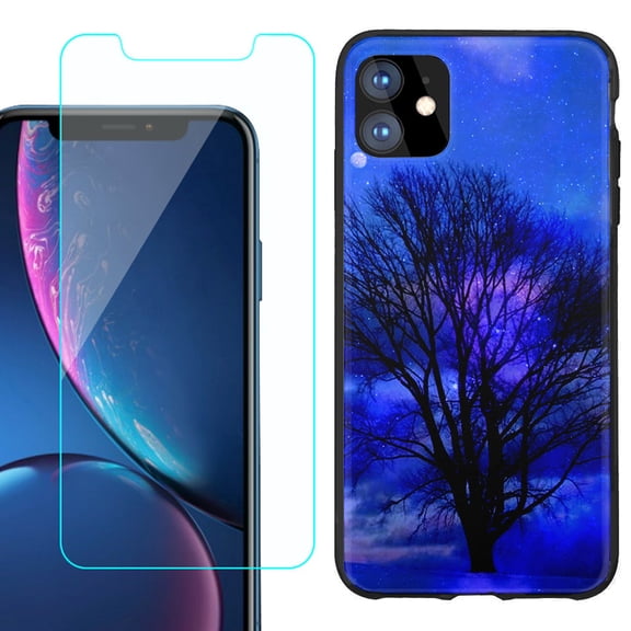 For Apple iPhone 11 Phone Case , Slim-Fit TPU Protective Case (Black), with Tempered Glass Screen Protector, by OneToughShield ® - Night Tree