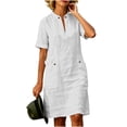 thumbnail image 3 of VBVC Women's V-Neck Stand Collar Shirt Dress,Button Detail Short Sleeve Midi Dress For Women,Ladies Summer Breathable Dress with Pockets,White,S-2XL, 3 of 8