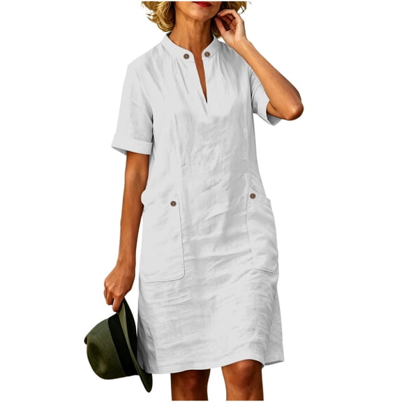 XUNKUSGA Summer Dresses for Women Casual Linen Cotton Mothers Day Dresses for Women Classic Solid Color V Neck Short Sleeves A Line Dress with Pockets,White,S
