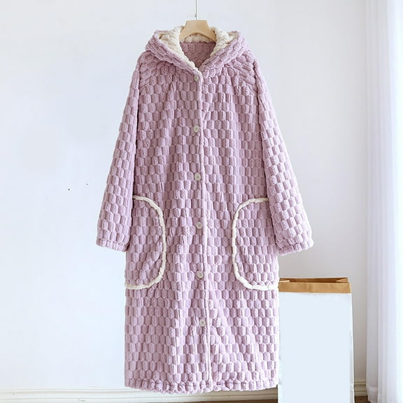 SHITINN Women's Loose Hooded Robe With Thick Long Autumn/Winter Coral Bathrobe With Big Dressing Gowns for Women Hooded Bathrobes for Women Knee Length Womens Bathrobe Shawl