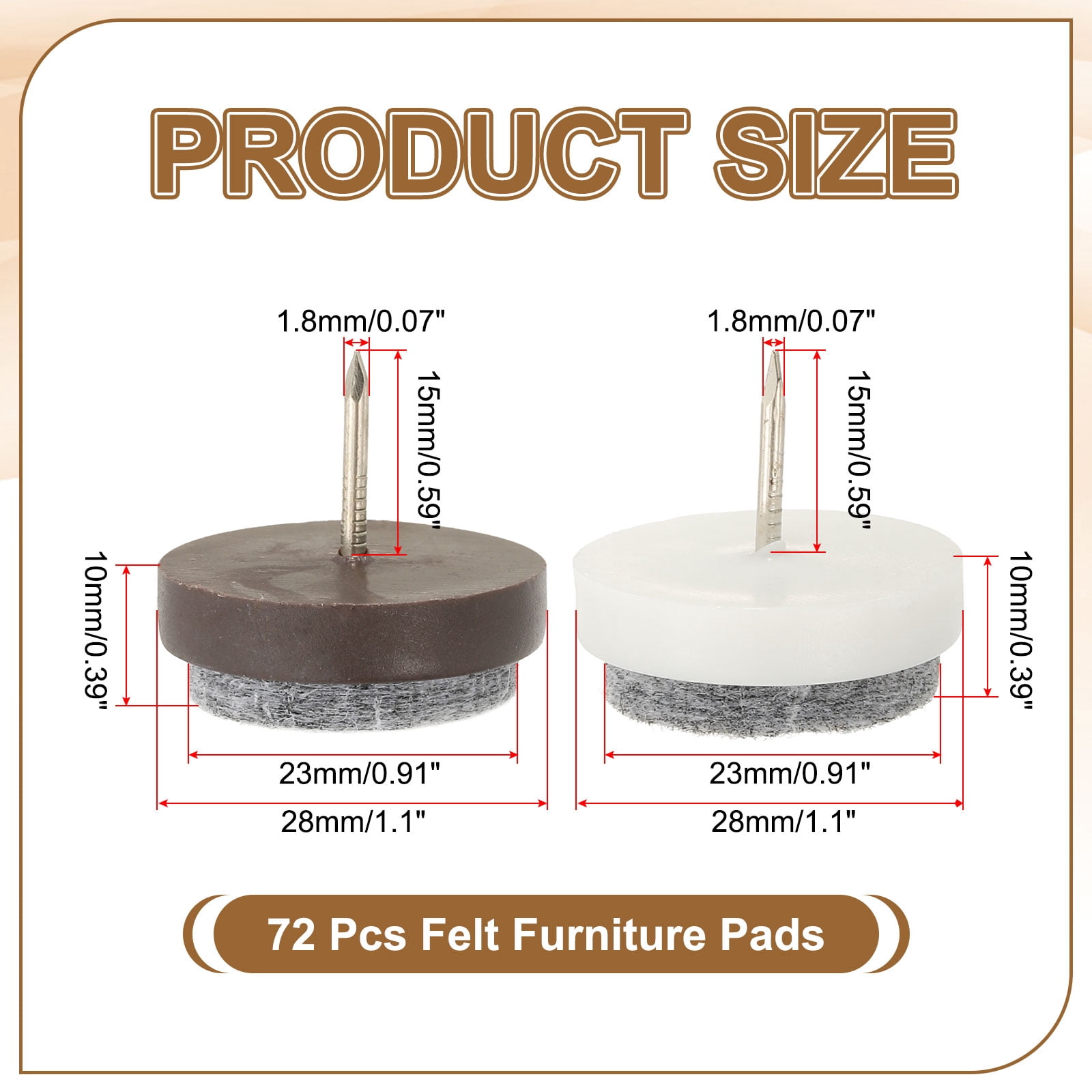Uxcell 28 mm Nail-on Felt Pads, Round Felt Furniture Sliders for Protection Black/Brown/White 72 Pcs