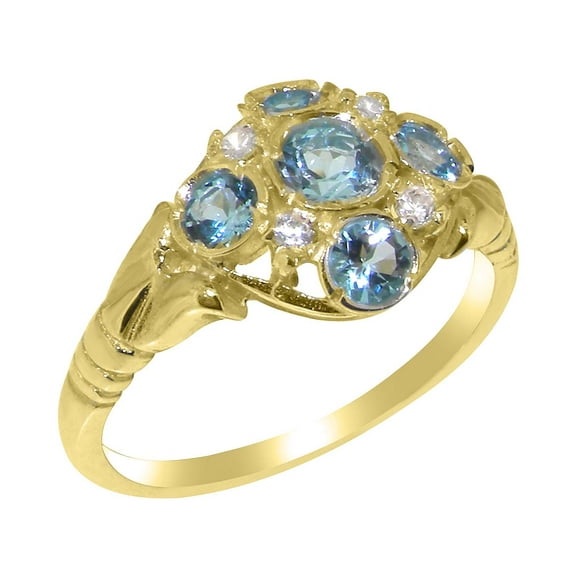 LBG British Made 10k Yellow Gold Natural Blue Topaz & Cubic Zirconia Womens Statement Ring - 33 size options - Size 10