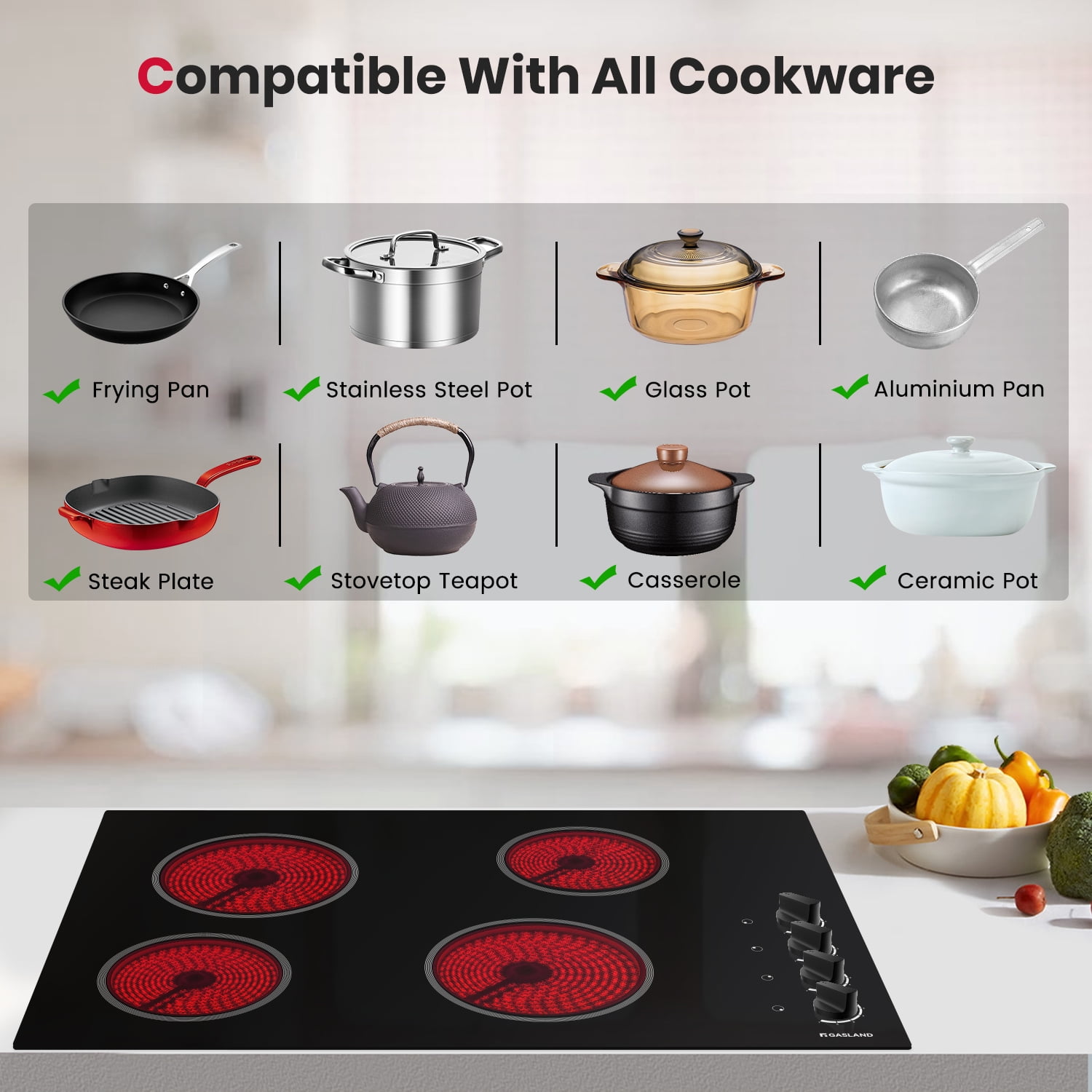 Gasland Chef 30 In Radiant Electric Cooktop with 4 Burners, ETL Approved, Knob Control, 240V