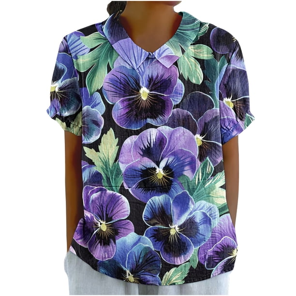 Blusas de Manga Corta para las Mujeres Cuello de Muñeca Lindo Lino Algodón, Impreso Suelto Camiseta para el Uso Casual, Diario Y de Verano