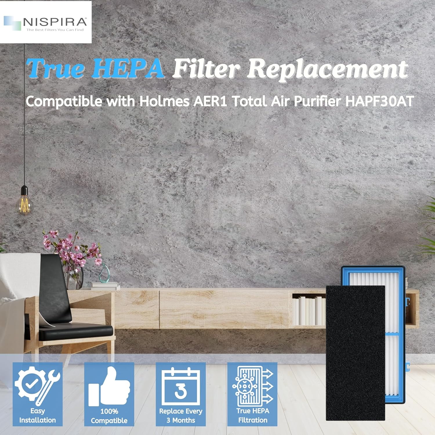 Nispira AER1 Replacement Filter Compatible with Holmes Total Air Purifier HAPF30AT HAP242-NUC 4 HEPA 4 Carbon Booster