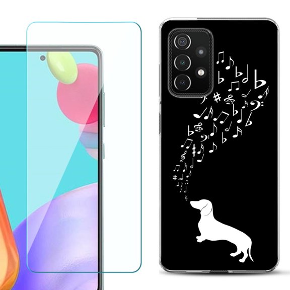 Slim-Fit Flexible Gel TPU Phone Case compatible with Samsung Galaxy A52 5G, with Tempered Glass Screen Protector, by OneToughShield ® - Dachshund/Puppy Music