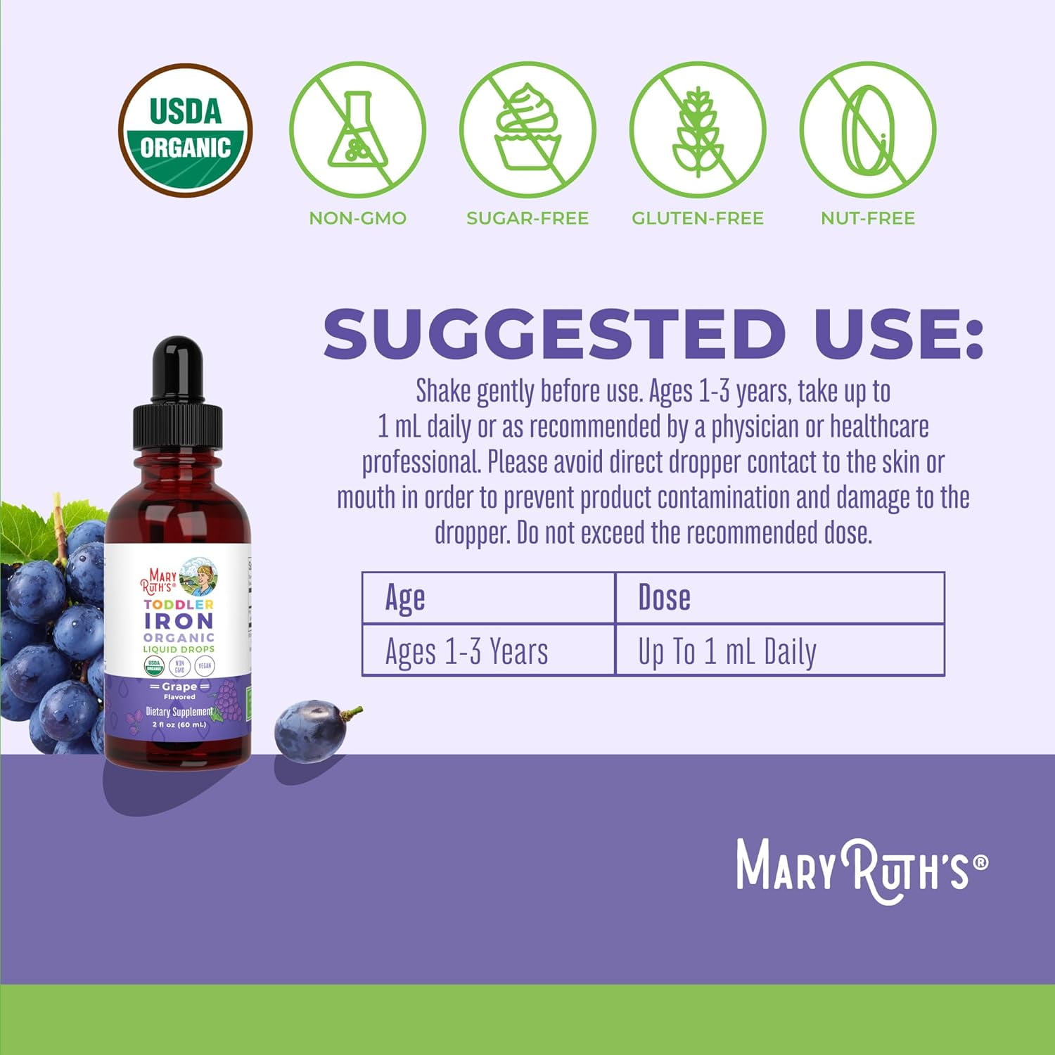 MaryRuth's USDA Organic Toddler Iron Liquid Drops for Ages 1-3, Grape, 2 oz