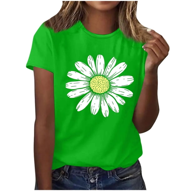 Camisas de Manga Corta para las Mujeres Moda Casual Impresión Cuello Redondo Suéter Tee Blusas