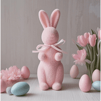 1PC Easter Flocked Bunnies Figurine with Bow tie, Pastel Flocking Rabbit Tabletop Ornament for Easter Centerpieces for Spring Home Office Table Decor, Party Supplies Gifts for Friends