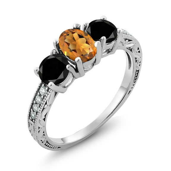 Gem Stone King 1.92 Cttw Oval Orange Red Madeira Citrine Round Black Diamond and Moissanite Engagement Ring for Women | 925 Sterling Silver (Size 8)