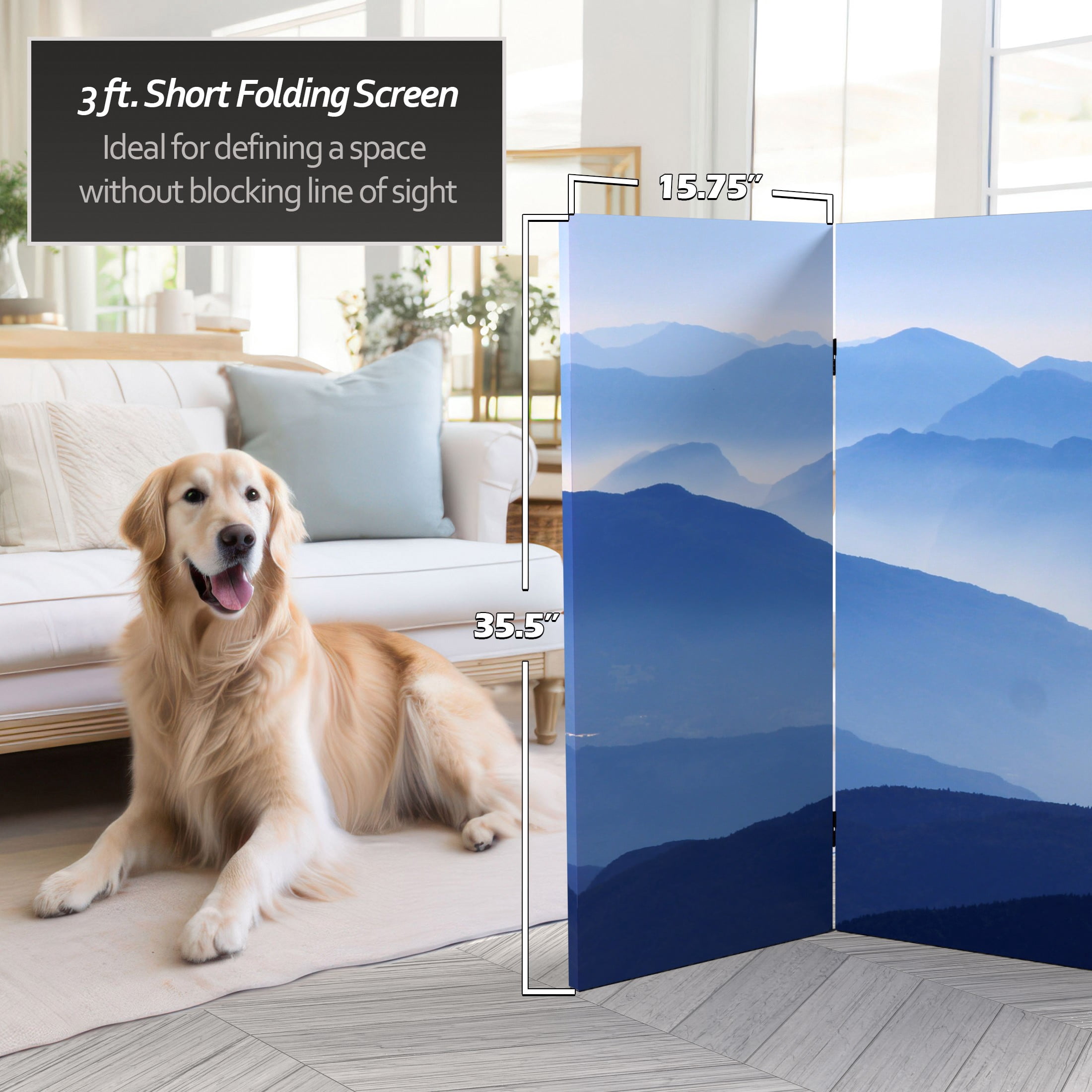 3 ft. Short Double Sided Misty Mountain Canvas Folding Screen